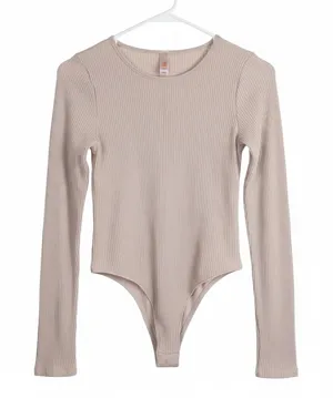 MONO B Women’s Casual Long Sleeve Tan Thermal Bodysuit thumbnail 1
