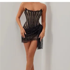 House of CB Heiress beverly hills corset sequin draped black mini dress thumbnail 2