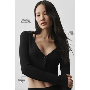 Alo Yoga Ribbed Cropped Whisper Cardigan Black Button Front XS thumbnail 2
