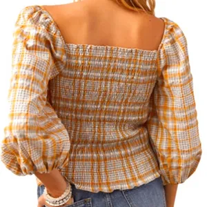 Like New Anthropologie Maeve Square Neck Puff Sleeve Seersucker Plaid Top Medium thumbnail 2