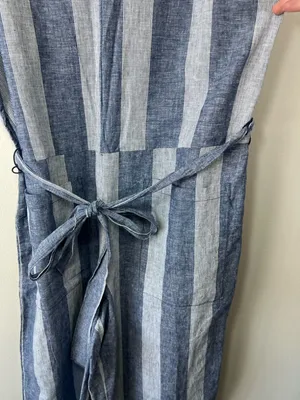 Beach Lunch Lounge Linen Blend Cropped Jumpsuit Blue Stripe Wide Leg Coastal Lg thumbnail 5