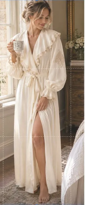 Vintage Etienne Cream Lace Peignoir Robe Small Embroidered Dressing Gown thumbnail 1