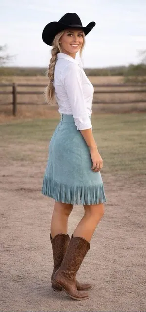 VINTAGE Women's Cuir Zebra Light Blue Fringe Boho Leather Skirt Sz L thumbnail 2