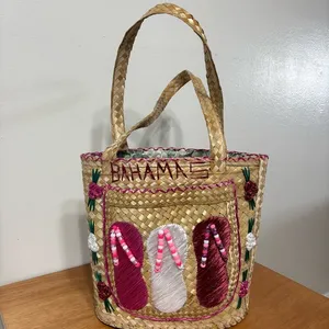Vintage Multicolor Handmade Lined Straw Bag W/ Beaded Flip Flops thumbnail 1