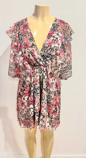 New Zara Floral Chiffon Dress Sz L Fit Flare Short Sleeves Mini Ruffle Wrap thumbnail 1