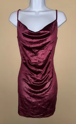 Y2K Women Shimmer Burgundy Velvet Cowl Neck Bodycon‎ Mini Dress S Night out thumbnail 1