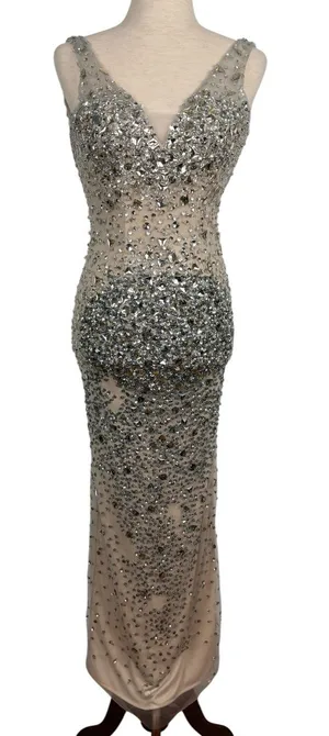 NIGHT STUDIO Couture Nude Illusion Crystal Beaded Gown Formal Evening Dress thumbnail 1