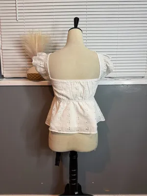 White Eyelet Smocked Peplum Blouse with Flutter Sleeves thumbnail 5