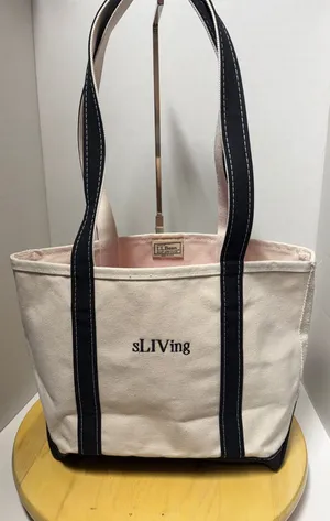 L.L. Bean Off White Boat and Tote Custom Cotton Canvas Bag Black Long Handles thumbnail 1