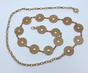 Gold Y2K Textured Round Medallion Boho Chain Belt, Fits 25-44.5 Inches, X7GA1247 thumbnail 1
