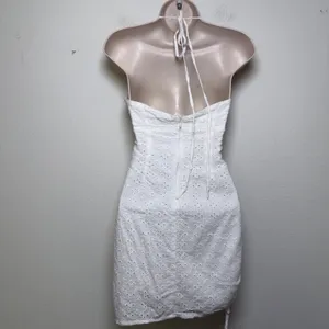 Tiger Mist Women Cotton Eyelet Halter Mini Dress Small White Ruched Boho‎ Resort thumbnail 6