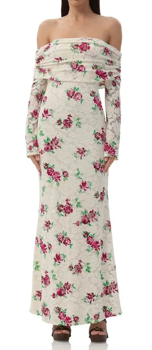 AFRM Off-Shoulder Cream Maxi Skirt with Pink Floral Print thumbnail 1