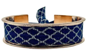 Gold Tone Ribbon Tie Cuff Bracelet Blue White Lattice‎ Pattern Preppy Nautical thumbnail 1
