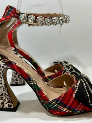Betsey Johnson Guliana Red Plaid Black Bow Animal Print Heels Sz 8 Crystals Glam thumbnail 5