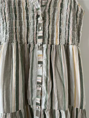 Green White Striped Cotton Tiered Button Up Maxi Dress Small Coastal Resort thumbnail 4