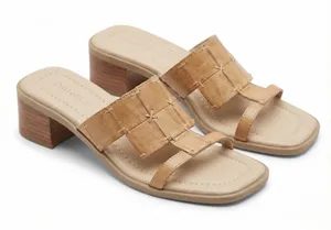 Danelle Vintage Tan Leather Woven Slide Sandals Block Heel Square Toe Boho 5M thumbnail 1