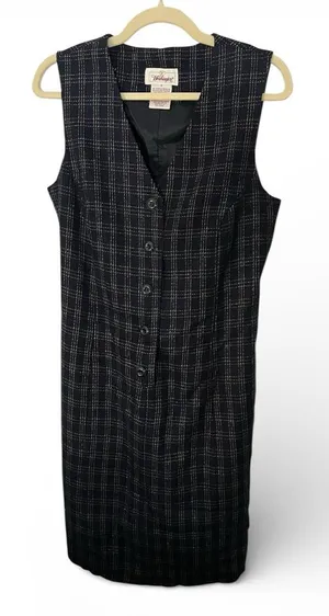 Vintage navy blue plaid wool blend sleeveless dress thumbnail 1
