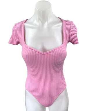 Zara Women's Pink Rib Knit Short Sleeve Sweetheart Neck Stretch Bodysuit Top M thumbnail 1
