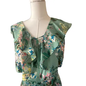 Lauren Conrad Dress Boho Fairy Green Floral Ruffle Layered Cinched Waist SZ SM thumbnail 3