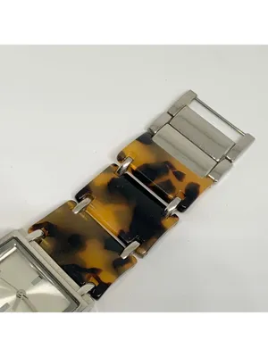 Folio women’s watch 28mm silver tone tortoise shell acrylic link 6” running thumbnail 5