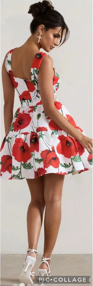 NEW Club L London ALIA Poppy Print Scoop-Neck Tiered Volume Hem Mini Dress US 4 thumbnail 1