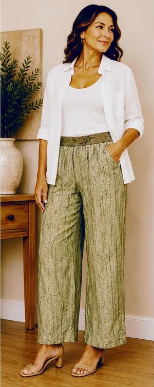 Jones New York Collection‎ Women's Olive Green Linen Wide Leg Pants Size 16 thumbnail 1