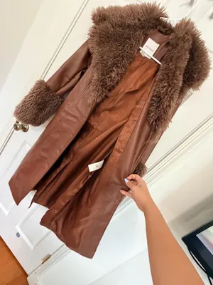 Avec Les Filles Brown Faux Leather Fur Trim Belted Maxi Coat XS Y2K Glam Luxe $258 thumbnail 6