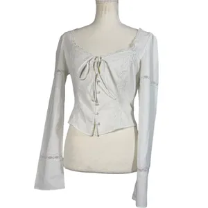 Mistress Rocks Lace Trim Tie Front Top Womens Medium White Bell Sleeve Corset thumbnail 6
