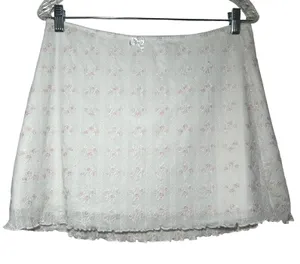Garage Women White Pink Floral Mesh Mini Skirt Lettuce Hem Bow Detail Large thumbnail 1
