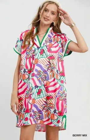 Umgee Tropical Print Collared Shift Dress - Berry Mix - Small thumbnail 1