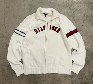 Vintage Tommy Hilfiger Spellout Full Zip Knit Cardigan Sweater Cream XL thumbnail 1