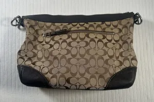 Coach Signature Canvas Crossbody Purse Brown Tan Leather Trim Bag Missing Chain thumbnail 1