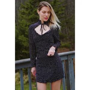 NEW Women's Heart Neck Long Sleeve Polka Dot Cocktail Mini Dress Sz Small thumbnail 2