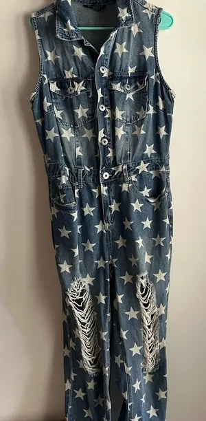 Ashley Stewart Size 12 Star Denim Jumpsuit Distressed Wide Leg Americana Western thumbnail 1