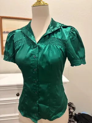 Cotton Express y2k Silk Blouse Emerald Green preppy Satin Smocked Puff Sleeve Top Small thumbnail 1