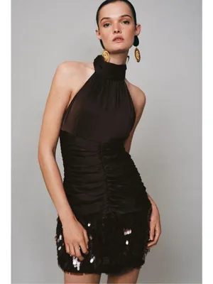 Zara Mini Dress Satin Brown Halter Ruched Sequin thumbnail 3