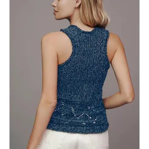 Pilcro Women Medium Marled Blue Cotton Knit Racerback Tank Top Pointelle Italy thumbnail 2
