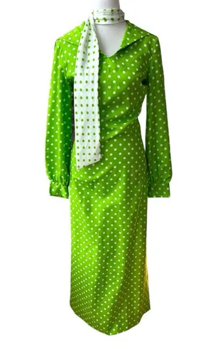 Vintage 1960s Handmade Lime Green White Polka Dot Column Maxi Dress and Scarf thumbnail 1