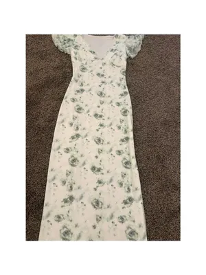 White Green Floral Maxi Dress Ruffle Sleeve Bodycon XS thumbnail 3