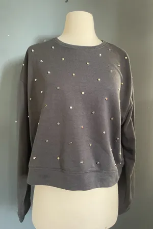 Intru Women's‎ Gray Crew Neck Long Sleeve Rhinestoned Cropped Sweatshirt Size M thumbnail 1