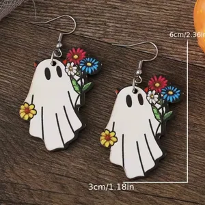White Ghost Colorful Flower Design‎ Dangle Halloween Earrings Wooden Jewelry thumbnail 11