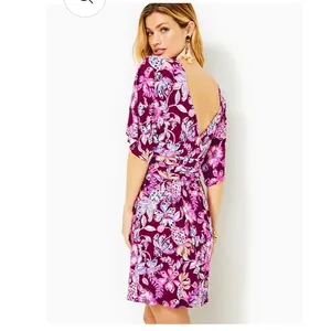 Lilly Pulitzer Hollee Dress Berry Sangria Floral Purple Mini V-Back Womens L thumbnail 2