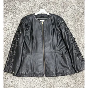 Vintage Women’s Black Leather Jacket Lace Up Studded Biker Y2K Punk Goth Size S thumbnail 2