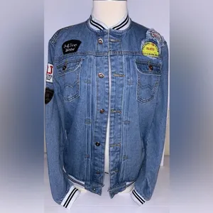 Denim Varsity Jacket Button Front Patches Pockets Size Medium Y2K Retro Vibe Blue thumbnail 2