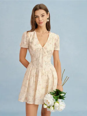 Rihoas Orange V Neck Tie Floral Mini Dress thumbnail 5