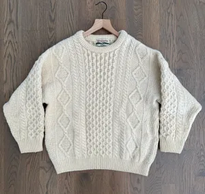 Anthropologie Vintage Celtic Country 100% Wool Irish Cable Knit Crew Neck Sweater Cream Large thumbnail 6
