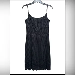 Ann Taylor Black White Polka Dot‎ Midi Dress Eyelet Hem Spaghetti Straps Size 4 thumbnail 2