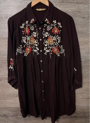 April Cornell tunic blouse Large embroidery brown fall Cottagecore boho Vintage thumbnail 1