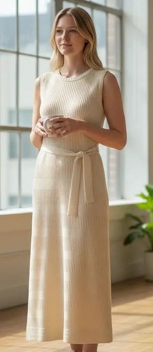 Rachel Zoe Womens Maxi Dress L‎ Cream Pointelle Knit Sleeveless Belted Coastal thumbnail 1