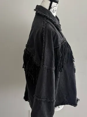 Zara Black Denim Rhinestone Fringe Oversized Jacket Size S thumbnail 4